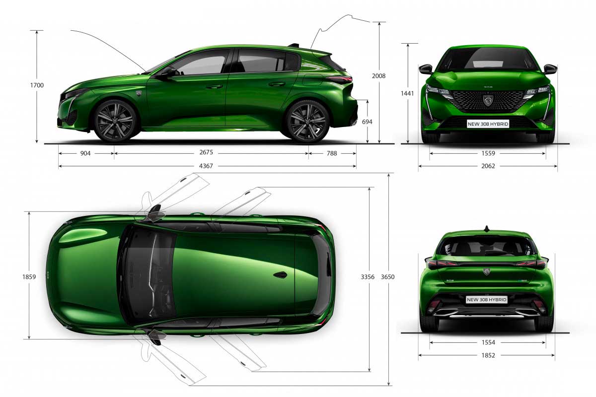 Toutes les dimensions (longueur, largeur, hauteur) de la Peugeot 308